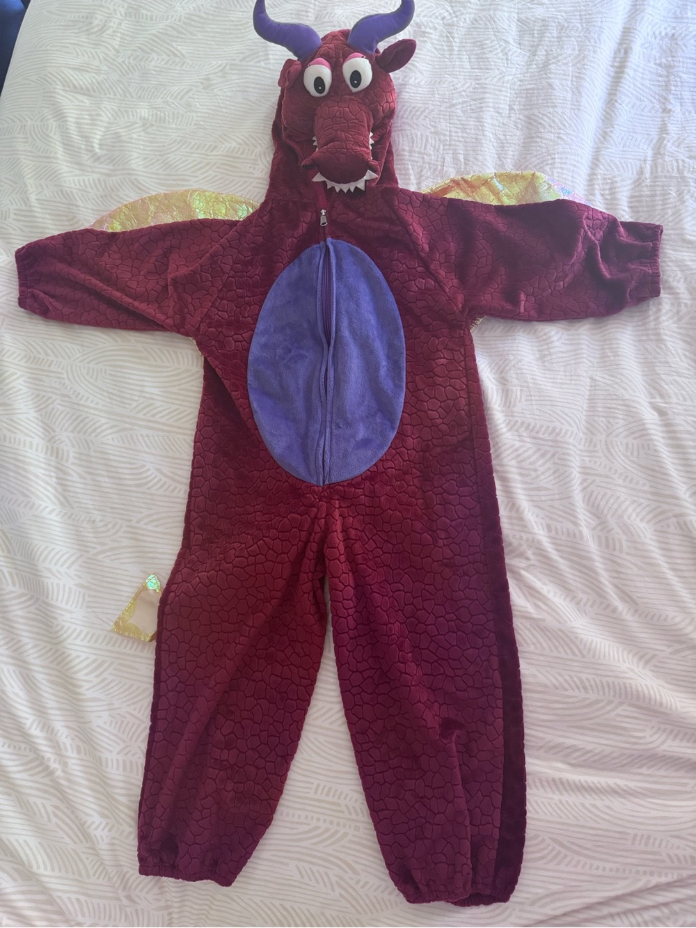 Kids Burgundy Plush Dragon Costume - Hooded Onesie size 6-7 (L)